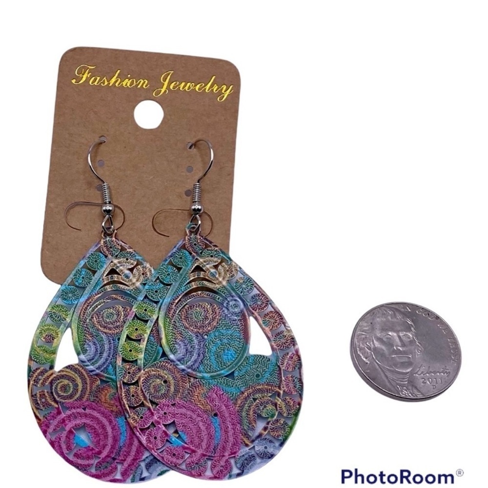Large Hippie Retro Earrings - Peacock Colors - Blue Green and Pink, Lightweight!